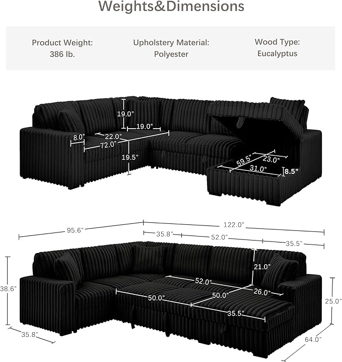 Olodumare Oversized Convertible Sectional Sofa Bed for Living Room, Modern 122’’ Corduroy Upholstered U-Shaped Couch with Right Chaise Hidden Storage & Pull-Out Bed, USB & Type-C Port, Polar Black