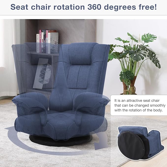 Ergonomic Swivel Floor Gaming Chair with Armrests & Side Pockets, 6-Position Reclining Sofa Bed, Foldable Padded Lounger with Thick Cushion & Lumbar Support for Esports, Reading, TV Watching (Blue)