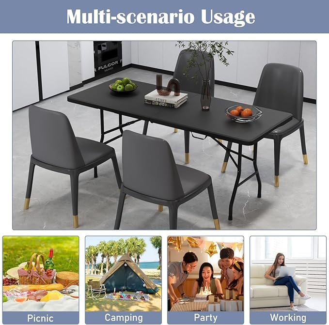 Tangkula 6 FT Folding Table, Indoor Outdoor Foldable Plastic Table with HDPE Tabletop, Sturdy Metal Fame, Carrying Handle, Heavy Duty Portable Fold-in-Half Picnic Table for Camping BBQ Party