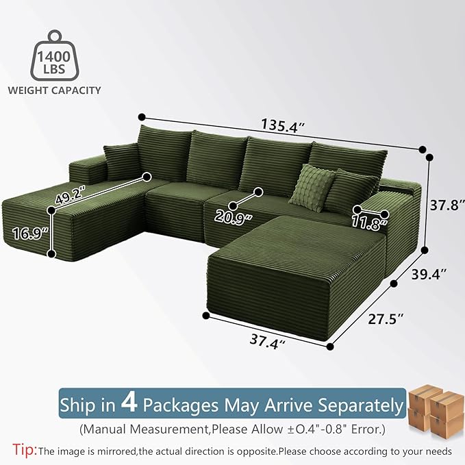 135.4" W Cloud Sectional Couch with Ottoman,Modern U-Shaped Cloud Couch with Deep Seat,Comfy Corduroy 4-Seater Sofa,Memory Foam Sofa for Living Room,No Assembly (Green,Right-Facing Chaise)