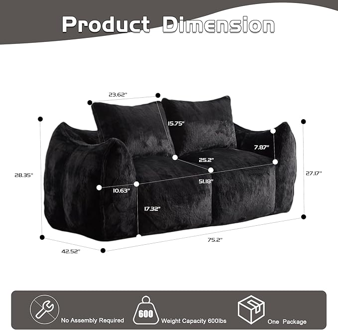 KEIKI Giant Bean Bag Couch for Adults, Oversized Loveseat, 2 Seater Fireside Chair, Comfy Lazy Floor Sofa, Cozy Reading Chair with Pillows for Living Room, Bedroom, No Assembly Required