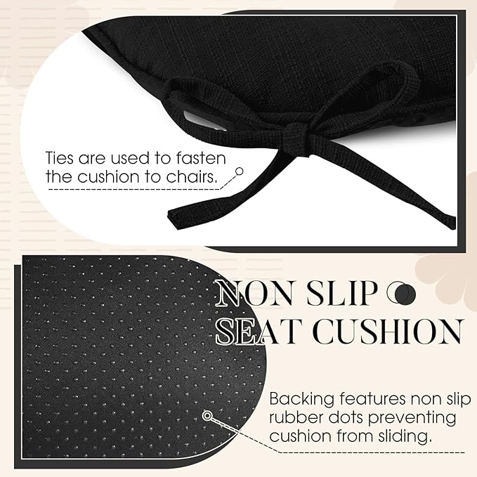 Basic Beyond Chair Cushions for Dining Chairs 4 Pack, Chair Cushion with Ties and Non Slip Backing, 15.5 x 15.5 inches Tufted Chair Pads for Dining Chairs(Black)