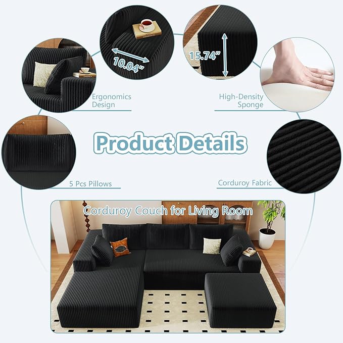 96" W Cloud Sectional Couch with Ottoman,Modern U-Shaped Cloud Couch with Deep Seat,Comfy Corduroy 3-Seater Sofa,Memory Foam Sofa for Living Room,No Assembly (Black,Left-Facing Chaise)
