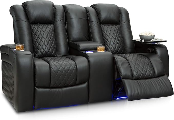 Seatcraft Anthem Italian Leather Sofa w/Fold-Down Table & Loveseat w/Storage Console, Living Room, Power Headrest, Power Recline, Black