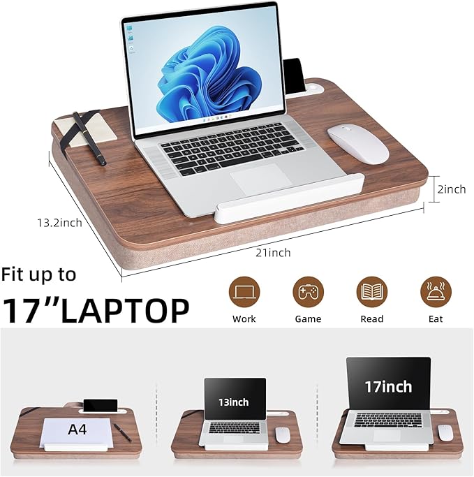 Lap Desk, Lap Desk with Cushion, Fits up to 17 inch Laptop, Premium Portable Laptop Stand Desk with Tray, Pad & Phone Holder, Home Office for Bed/Couch/Car/Reading/Writing