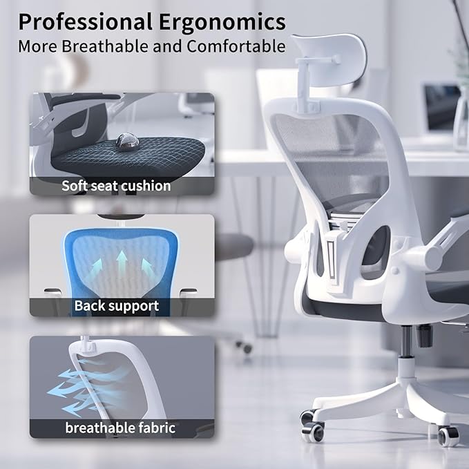 Office Chair Ergonomic Desk Chair with Lumbar Support&Headrest&Flip-up Arms Height Adjustable Rocking Swivel High Computer Chair Multi-Angle from 90° to 130° with 350LBS Capacity (02White+Grey)