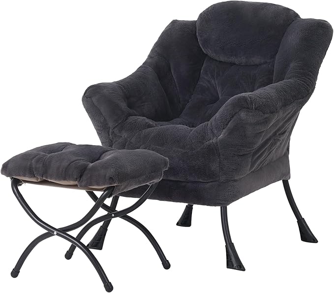 Welnow Lazy Chair with Ottoman, Modern Lounge Accent Chair with Armrests and a Side Pocket, Leisure Sofa Armchair, Reading Armchair with Footrest for Small Space, Plush Navy