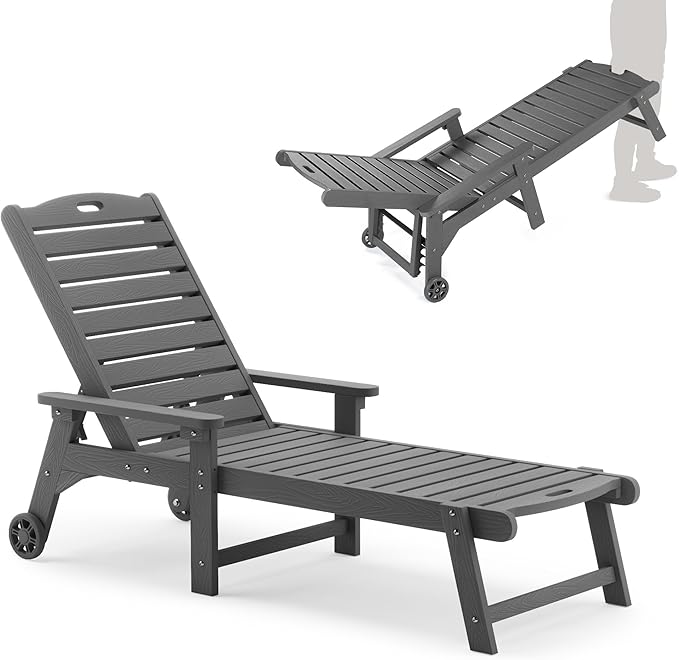 LUE BONA Outdoor Chaise Lounge, HDPS Chaise Lounger, 5 Positions Adjustable Lounge Chairs, Pool Lounge Chair with Wheels for Poolside, Backyard, Dark Gray