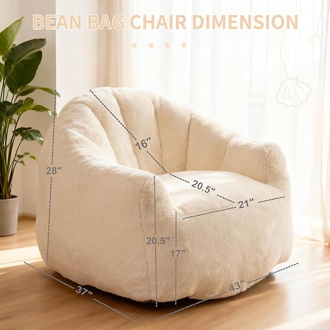 Bean Bag Chair, Giant Beanbag Chiars for Adults and Teens, Faux Fur Shell-Shaped Floor Sofa with Filler, Comfy Chair for Reading, Gaming and Relax (Beige)