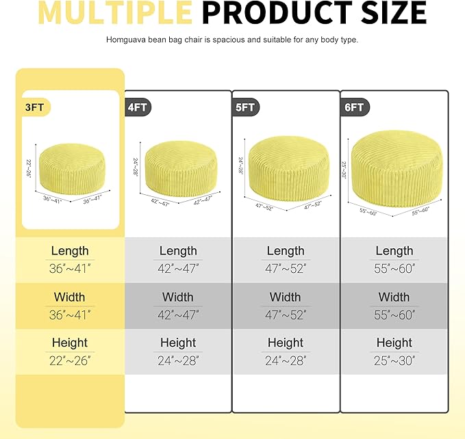 Homguava 3 FT Bean Bag Chair,3' Big Bean Bag,Large Bean Bag Chairs for Adults with Memory Foam Filled,Comfy Beanbag Chairs Soft Bean Bag Sofa with Dutch Corded Plush Cover-Yellow