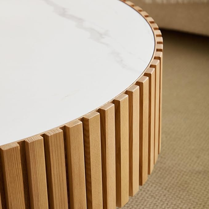 35.43''/90CM Modern Drum Coffee Table, Luxury Circle Wood Coffee Table for Apartment,Small Space (Original Wood(Oak), Ø35.43 x 13.77 Sintered Stone Tabletop)