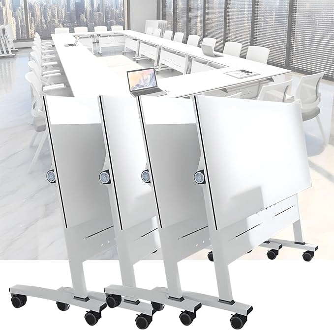 Folding Conference Room Tables, Flip Top Mobile Training Table with Wheels, Mobile Dynamic Meetings Training Tables, Portable Office Executive Desk, Rolling Seminar Meeting Table (4, White, 47.2in)