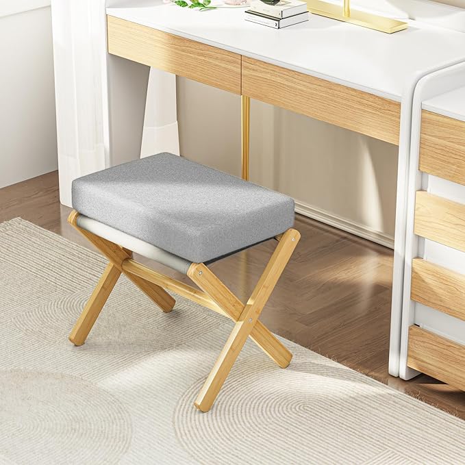 Foldable Foot Stool Ottoman, Modern Foot Rest with Bamboo X Legs & Thick Foam Cushion, Folding Foot Stools Small Padded for Bedroom Living Room, Footstool for Chair Couch (Natural - Grey)