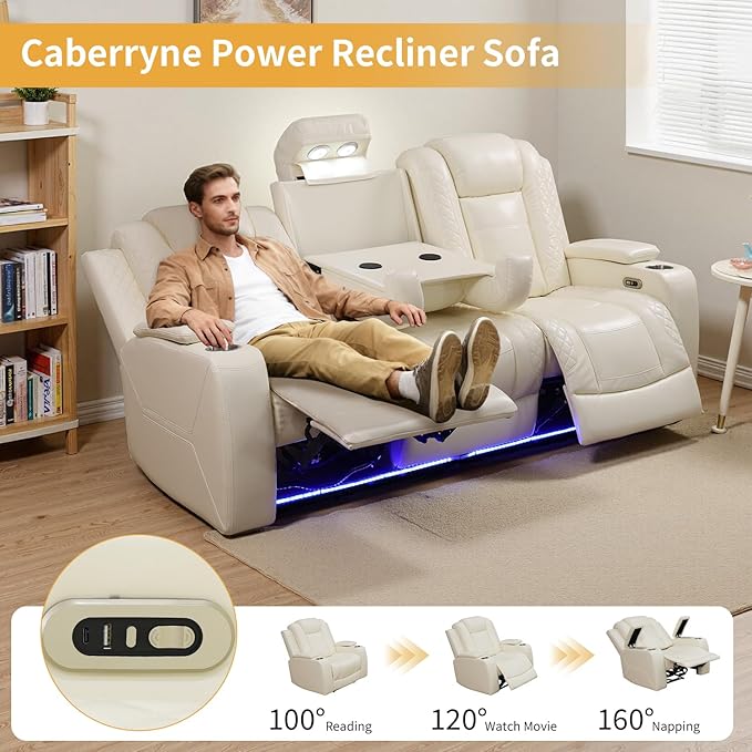 Caberryne Power Recliner Sofa Set with LED Lights,Leather Reclining Couch with Coffee Table/Storage Console/Cup Holder,Reclining Living Room Set with 5 Recliner Seats for House(3 Piece Set,Creamy)
