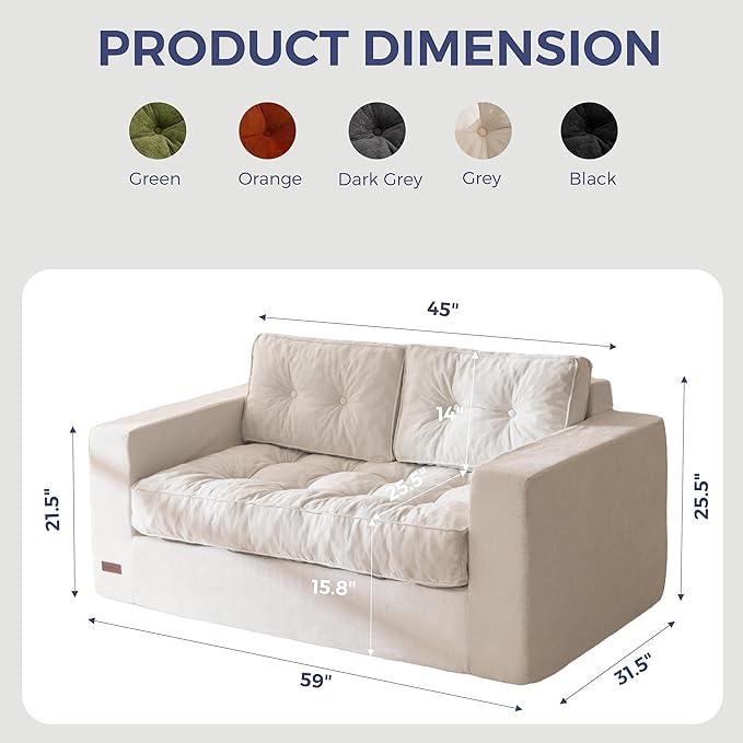 MAXYOYO Boneless Sofa Couch, Loveseat Sofa for Small Space, Tufted 2-Seater Floor Couch Bean Bag Chair for Living Room Bedroom Apartment, Sofa in a Box, No Assembly Needed, Grey