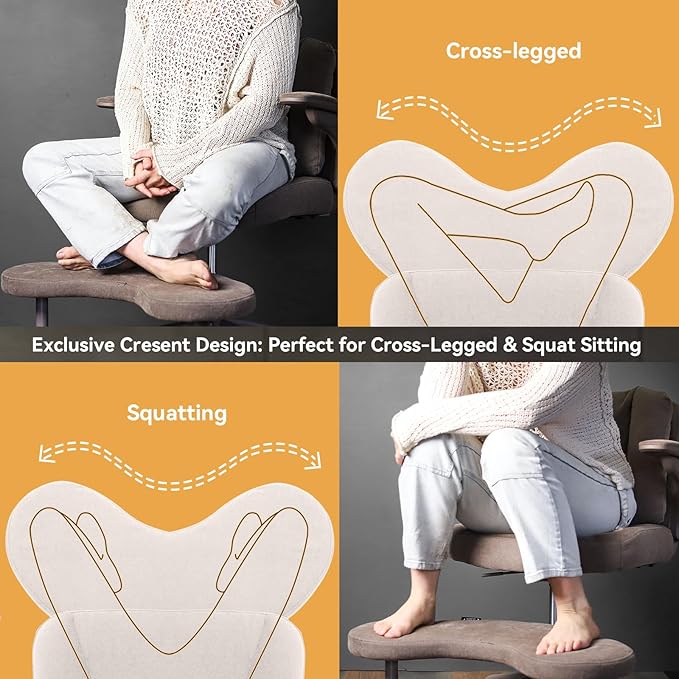Pipersong Meditation Cross Legged Armchair, ADHD Chair with Adjustable Armrests, Criss Cross Desk Chair with Flexible Back Cushion, Swivel Footrest, Arm Support and Wheels for Home Office, Beige