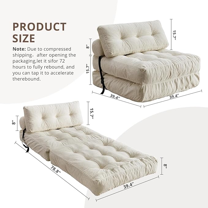 Convertible Sofa & Couch Bed - Oversized Adult Sleeper Chair & Bean Bag Chair, Foldable Floor Bed with Backrest, Comfortable Lazy Sofa for Bedroom, Living Room & Dorm (White, Single)