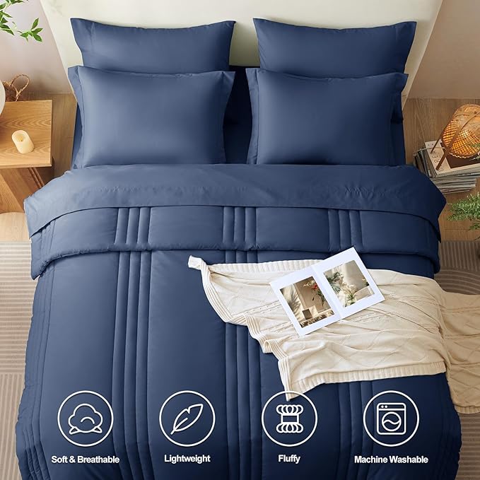 CozyLux Oversized King Comforter Set - 7 Pieces Bed in a Bag Navy Blue Comforter Set with Sheets All Seasons Bed Set, Soft Bedding Set with Down Alternative Comforter, Sheets, Pillowcases & Shams