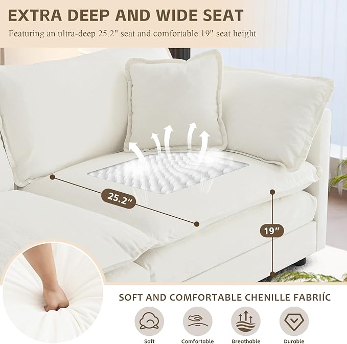 SoarFlash Chenille Sectional Sofa, Comfy L/U Shaped Modular Coush Sofa with Ottoman, Modern 4 Seat Couch Deep Seat Sofa Set for Living Room,White
