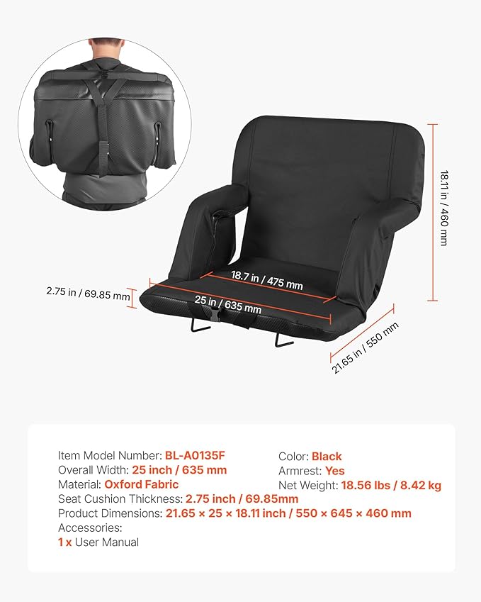 VEVOR Stadium Seat, 6 Adjustable Angle Bleacher Chair, 2.75'' Cushion Stadium Seat with Back Support and Armrest, Wide Bleacher Chair with Hook Pocket Cupholder for Picnics, Beach Sports, and Gaming