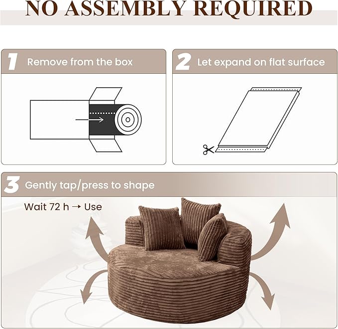 WJShome Oversized Round Chaise Lounge Chair Indoor, Modern 50-inch Upholstered Corduroy Deep Seat Circle Single Foam Couch,Cloud Lounge Floor Sofa Chair for Living Room, Brown