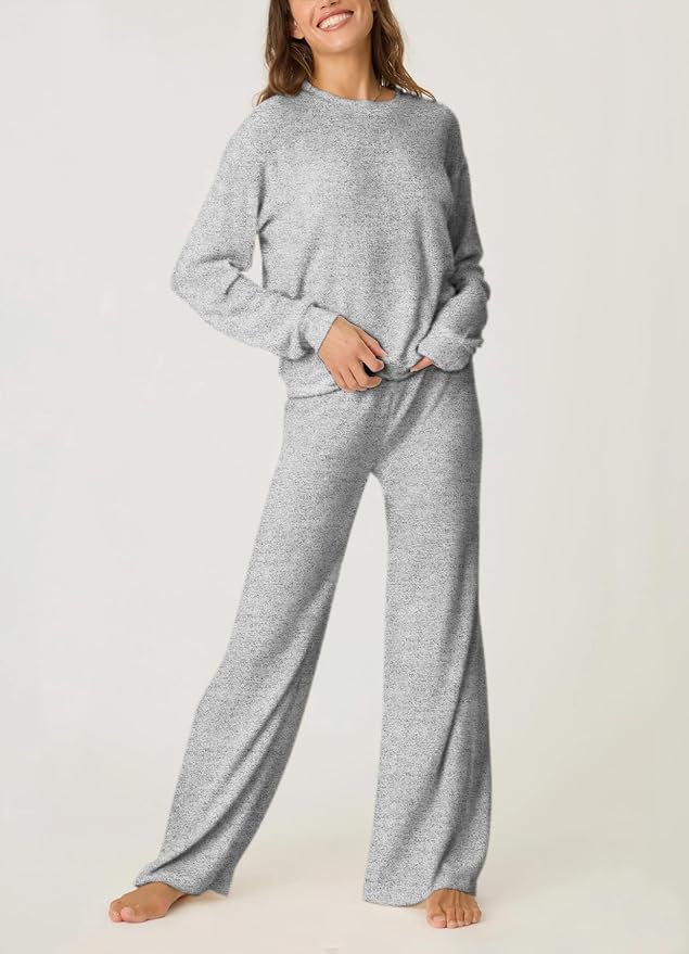Aamikast Women's 2-Piece Lounge Set Soft Brushed Jersey Sleepwear Pajamas Set Long Sleeve Top & Wide Leg Pants