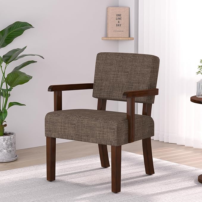 FAGAGA Accent Chair,Armchairs with Solid Wood Frame and Legs,Upholstered Reading Leisure Chair for Bedroom,Office,Waiting Room (Linen, Brown, One Chair)