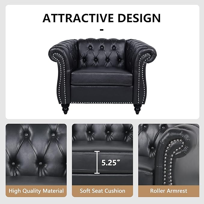 QHITTY Accent Chair, Chesterfield Chair Modern Leather Upholstered Chair with Tufted Back for Living Room Furniture (Black)