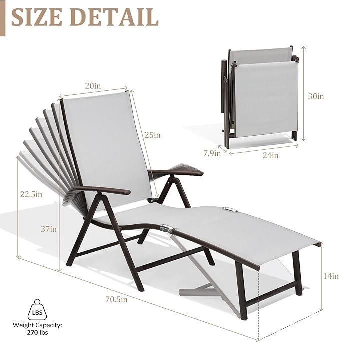 VredHom 4PCS Patio Chaise Lounge Outdoor Adjustable Folding Lounge Chair Recliner with 8 Adjustable Backrest Positions for Pool Beach Yard, Light Grey Textliene & Brown Aluminum Frame