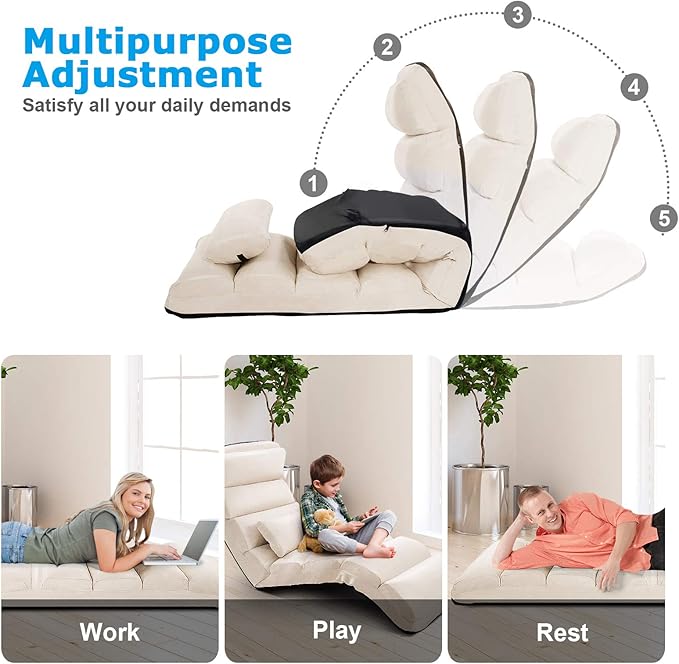 Moccha Floor Chairs for Adults, Adjustable 5-Position Floor Lounger w/Thick Padded & Pillow, No Assembly Folding Lazy Sofa Chair for Gaming, Sleeping, Light Weight Chaise Lounge Indoor, Beige