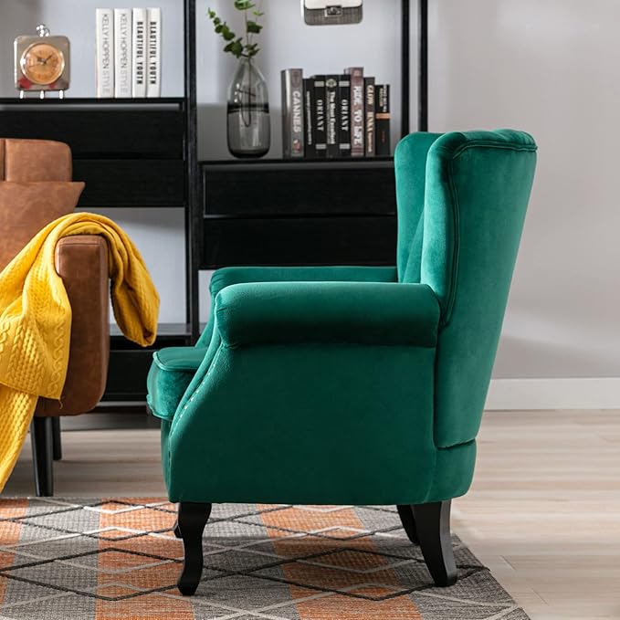 DM Furniture Mid Century Accent Chair Modern Tufted Wingback Armchairs Club Chair Velvet Fabric Single Sofa Lounge Chair with Pillow for Living Room, Green