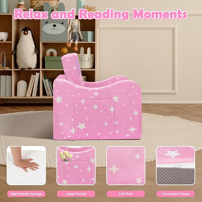 alldomess Comfy Kids Couch, 2-in-1 Folding Kids Sofa Bed for Toddler Girls, Convertible Sofa to Lounger Toddler Couch Chair for Baby Bedroom Playroom Nursery,Princess