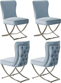 WUTUTUEE Luxury Velvet Dining Chairs, Tufted Upholstered Armless Accent Chairs with Silver Metal X-Legs, Modern Glam Dining Room Chair Set of 4, Light Blue