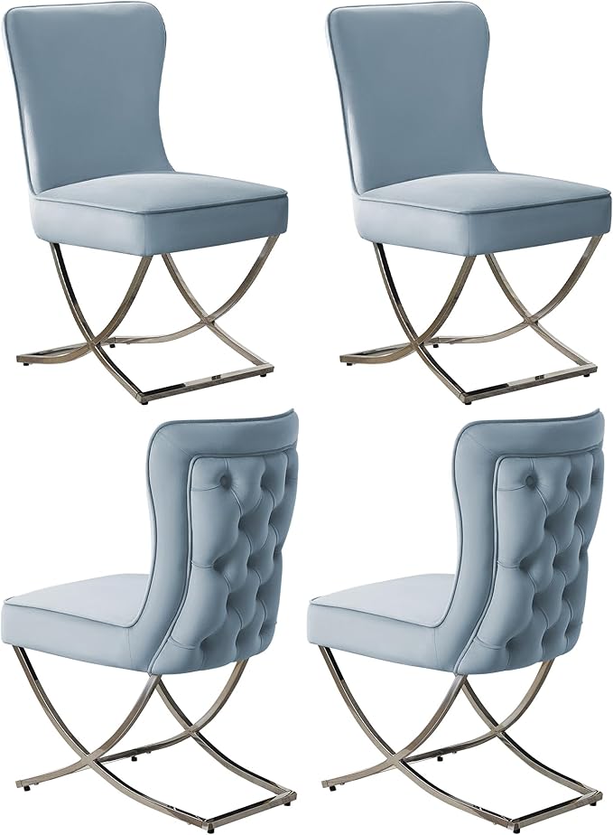 WUTUTUEE Luxury Velvet Dining Chairs, Tufted Upholstered Armless Accent Chairs with Silver Metal X-Legs, Modern Glam Dining Room Chair Set of 4, Light Blue