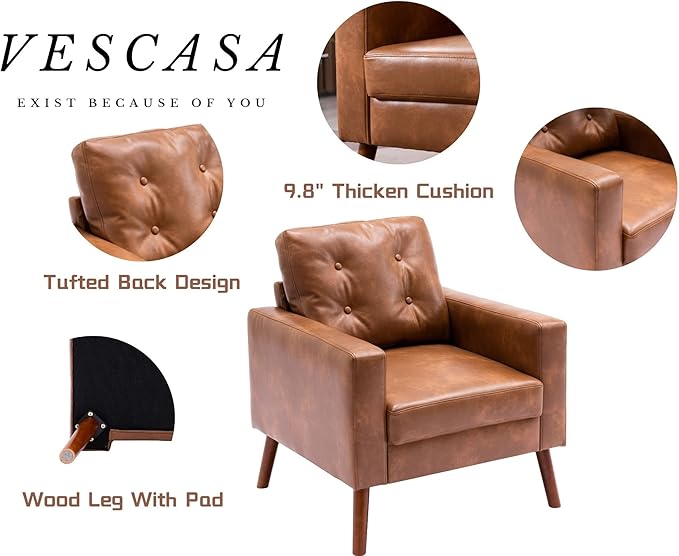 VESCASA Tufted Accent Arm Chair with Wood Legs, PU Faux Leather Comfy Upholstered Single Sofa, Mid Century Modern Side Club Leisure Chair for Reading/Living Room/Bedroom, Caramel