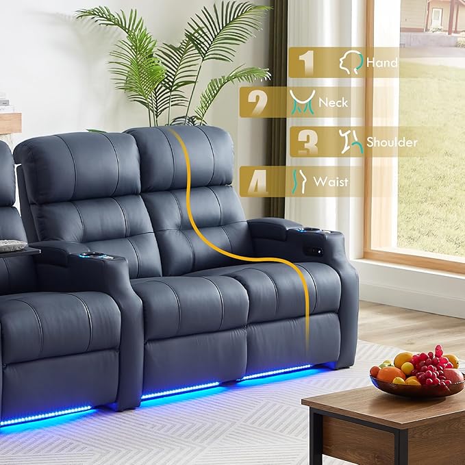 Weilianda Home Theater Seating, Top Grain Leather Sectional Seats Recliner Chair, Zero Gravity Reclining Sofa with Power Headrest 7 Colors Ambient Lighting USB C Charge Row of 4 Loveseat Left Blue