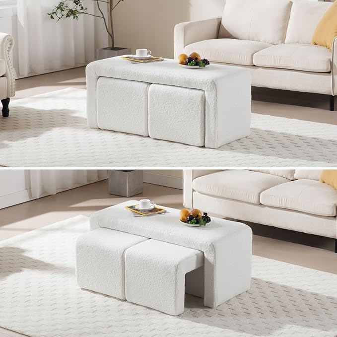 LukeAlon 3-Piece Nesting Ottoman Bench Set, 40.5" Wide Upholstered End of Bed Bench with 2 Small Stools Sherpa Comfy Entry Bench Vanity Stools Modern Arched Bench for Living Room Bedroom, White