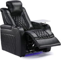 Weilianda Home Theater Seating Top Grain Leather Recliner Chair Power Headrest and Recline Movie Seats Gaming Sofa with Tray Table Type-C USB Charge Cup Holders Row of 1 Black