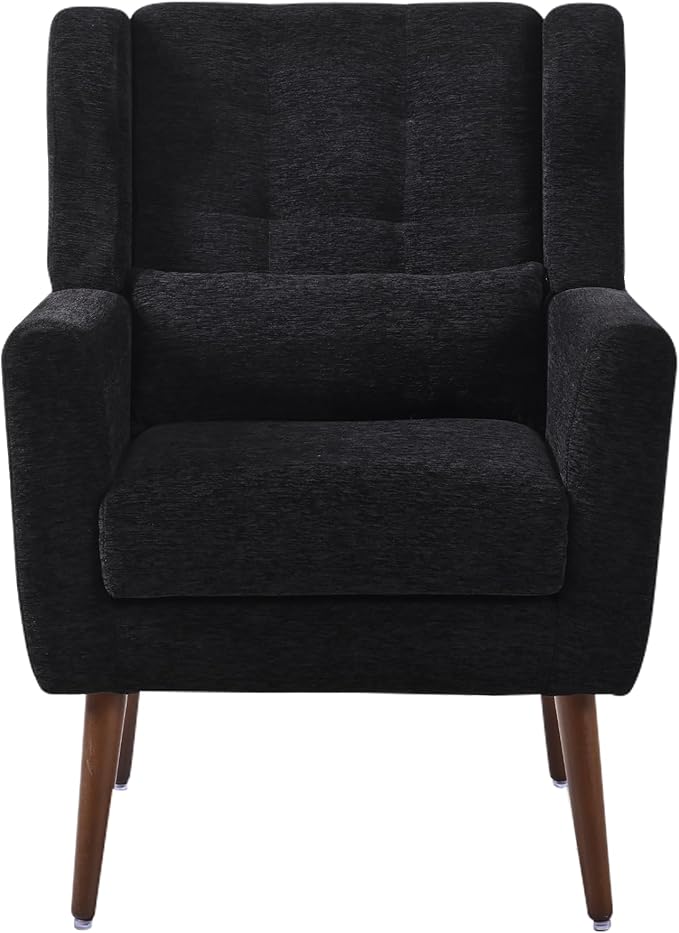 QKFF Accent Chair Set of 2, Upholstered Armchair with Pillow, Fabric Single Sofa Chair with Lounge Seat and Wood Legs Accent Chair for Living Room Small Spaces (Black, Set of 2)
