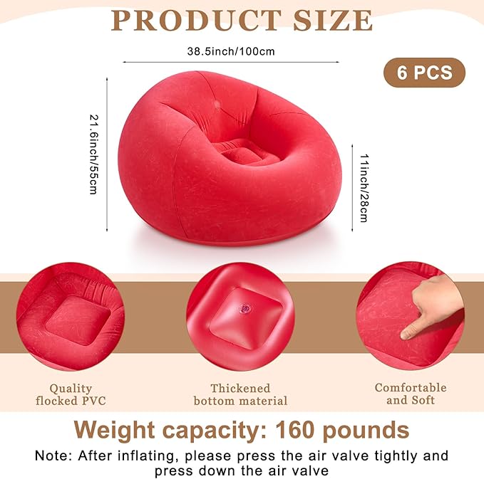 Realspring 6 Pcs Inflatable Bean Bag Chairs for Adults with Electric Air Pump, Blow up Couch Folding Portable Inflatable Couch Lazy Sofa for Outdoor Movie Nights Camping Room (Red)