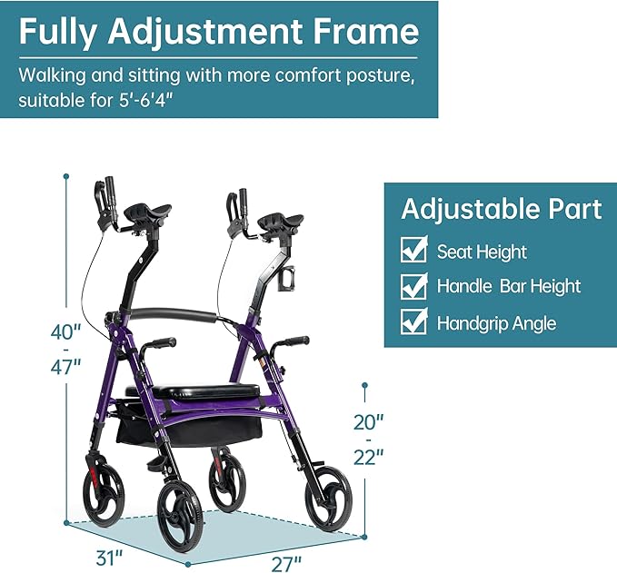ELENKER Heavy Duty Upright Walker with Extra Wide Padded Seat and Backrest, Aluminum Bariatric Stand Up Rolling Walker, 10” Wheels, Fully Adjustment Frame, Support up to 500 lbs for Seniors, Purple