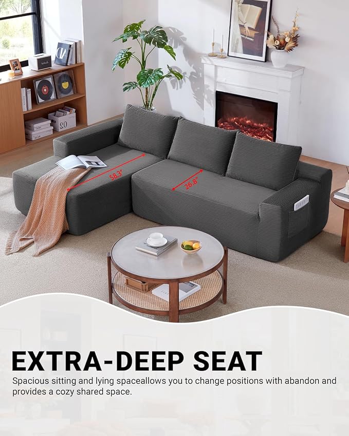 96 Inch Cloud Sectional Couch,Modern Modular Sectional Sofa with Deep Seat,Corduroy Boneless Couches with L-Shape Chaise for Living Room Bedroom,No Assembly Required (Grey, Left Facing Chaise)