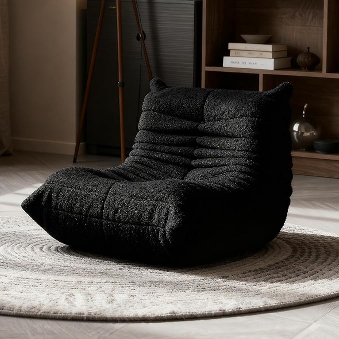 Large Bean Bag Chairs for Adults, Fireside Chair for Living Room with Memory Foam Filled, Accent Sofa Lounge Lazy Floor Sofa for Gaming Reading Relaxing Bedroom, No Assembly Required Black