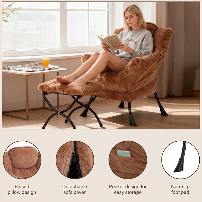 Welnow Lazy Chair with Ottoman, Modern Lounge Accent Chair with Armrests and a Side Pocket, Leisure Sofa Armchair, Reading Armchair with Footrest for Small Space, Plush Brown