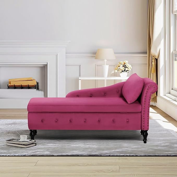 ACMEASE Upholstered Chaise Lounge with Right Armrest & Lumbar Pillow,Button Tufted Lounge Sofa with Storage,Lounge Chair Indoor,Modern Velvet Lounge Chair for Bedroom, Living Room and Office,Fuchsia