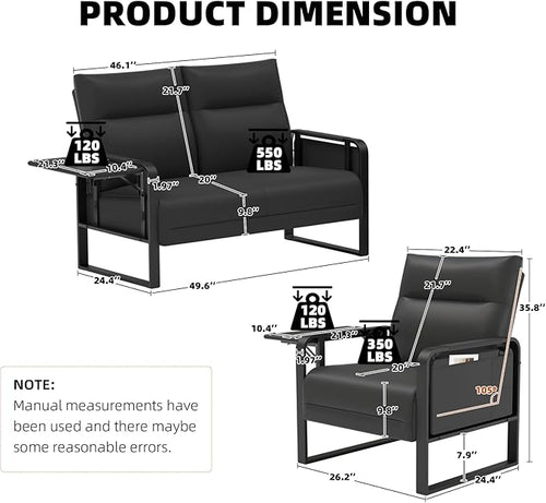 3-Piece Living Room Sofa Set, Faux Leather Loveseat & Accent Chairs Set of 2 with Foldable Tray Table & Storage Pocket, Upholstered Sofa Set for Small Spaces, Office, Black
