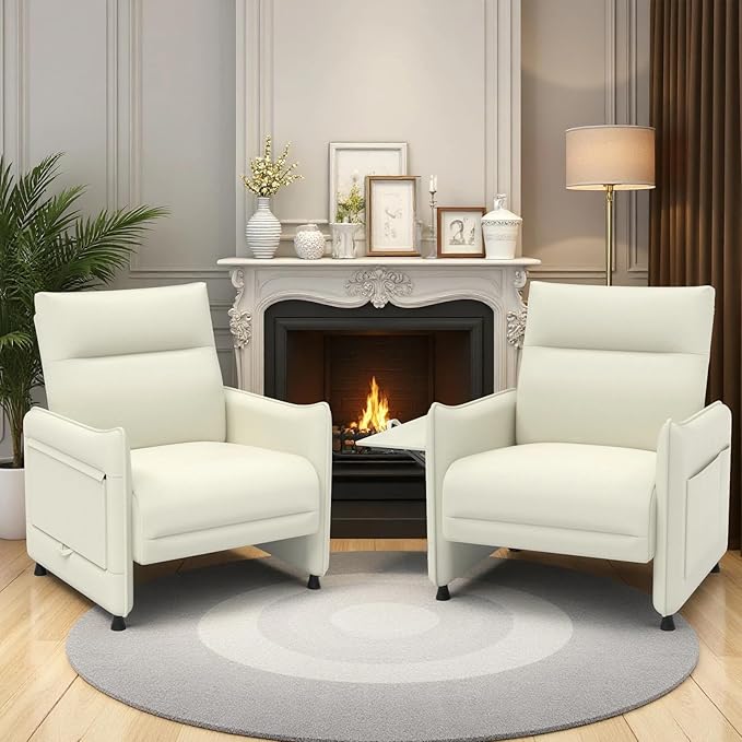 Upholstered Accent Sofas Set of 2, Modern Faux Leather Sofa Chairs with Hidden Foldable Tray & Side Pocket, Front Contour Arm Design, Small Accent Sofas for Small Spaces, Beige