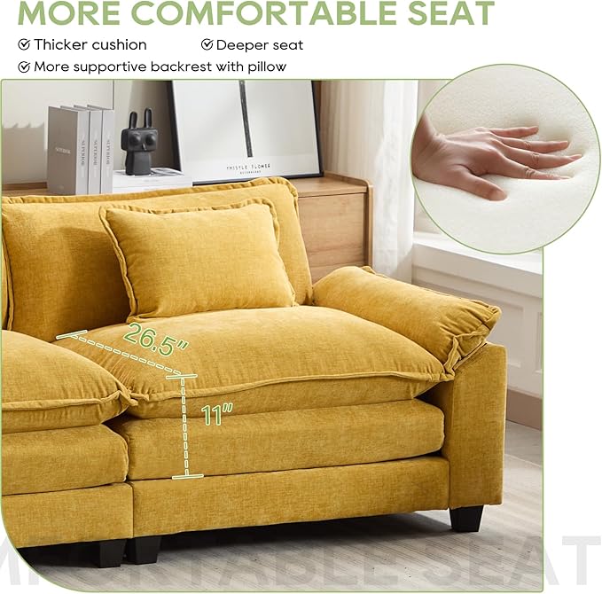 Oprisen 120" Modular Sectional Sofa, Comfy Cloud Couch Sectional Sofa with Ottoman, Chenille Sofa Sleeper Deep Seat Sofa with Throw Pillows for Living Room (Yellow, 120"- L Shape)