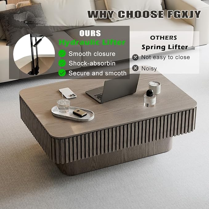 FGXJY Lift Coffee Table with Storage & Adjustable Height, Rectangle Solid Wood Coffee Table Fluted Center Table Accent Tea Table or Living Room, Apartment, Office (38.6" Grey)
