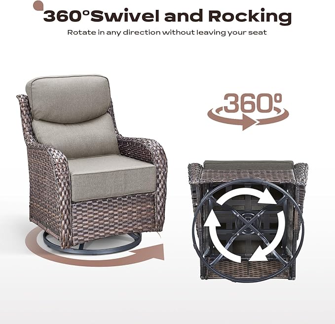 Rilyson Outdoor Patio Furniture Set - Weather Resistant Wicker,High Back,6 inch Cushions,3 Piece Patio Bistro Set with Swivel Rocker Chairs and Side Table for Deck Porch Yard,Brown/Beige
